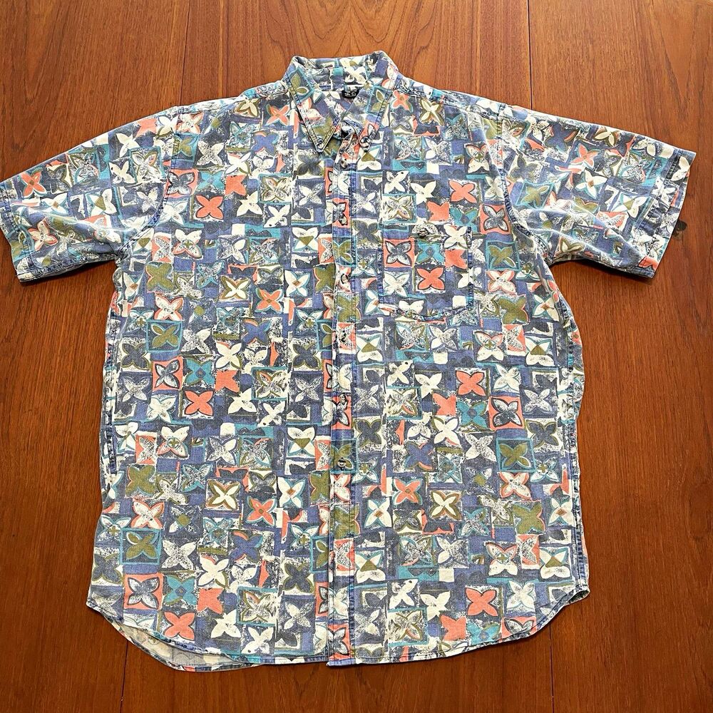 Vintage 90s L Cotton Abstract Floral Short Sleeve Button Up Shirt Kramer Nerd
